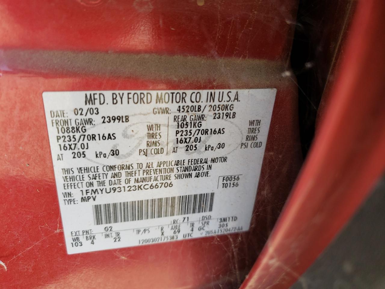 Photo 10 from auction – 2003 FORD ESCAPE XLT with VIN 1FMYU93123KC66706