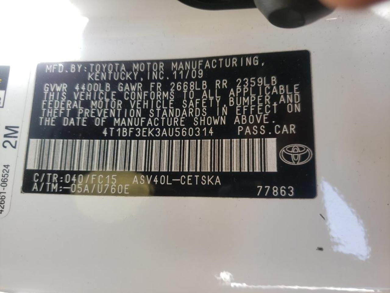 Photo 10 from auction – 2010 TOYOTA CAMRY with VIN 4T1BF3EK3AU560314