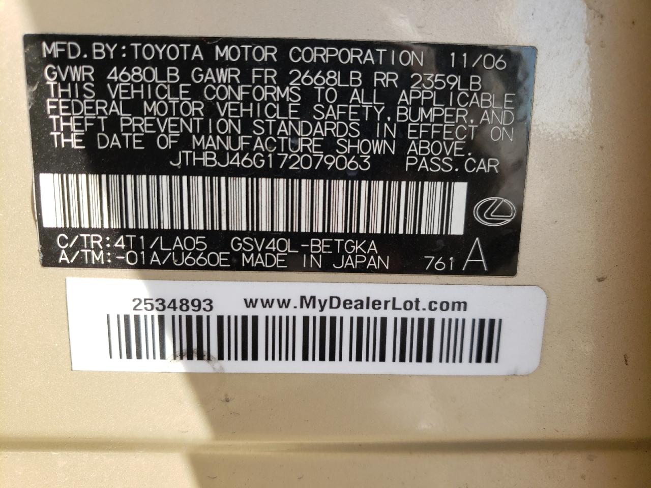 Photo 10 from auction – 2007 LEXUS ES 350 with VIN JTHBJ46G172079063