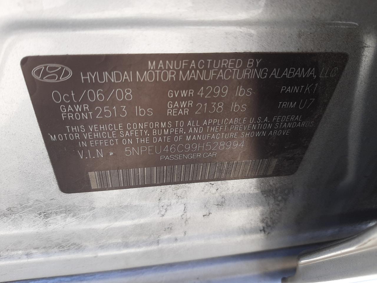 Photo 10 from auction – 2009 HYUNDAI SONATA SE with VIN 5NPEU46C99H528994
