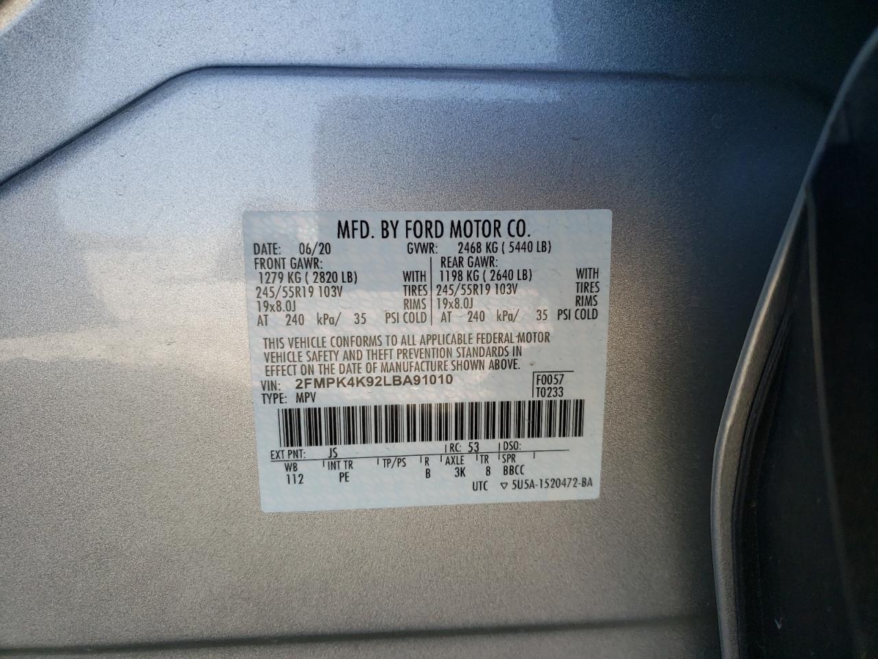 Photo 10 from auction – 2020 FORD EDGE TITAN with VIN 2FMPK4K92LBA91010