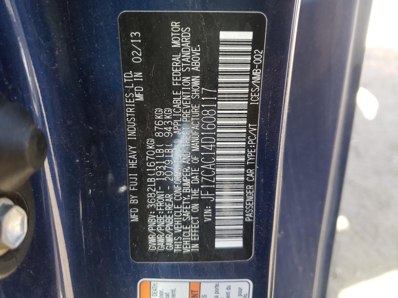 Photo 10 from auction – 2013 SUBARU BRZ 2.0 LI with VIN JF1ZCAC14D1608117