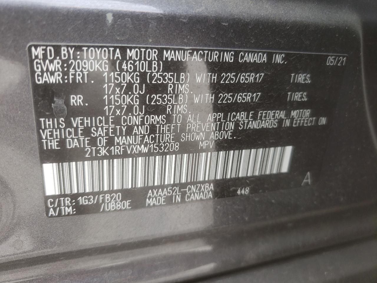 Photo 10 from auction – 2021 TOYOTA RAV4 LE with VIN 2T3K1RFVXMW153208