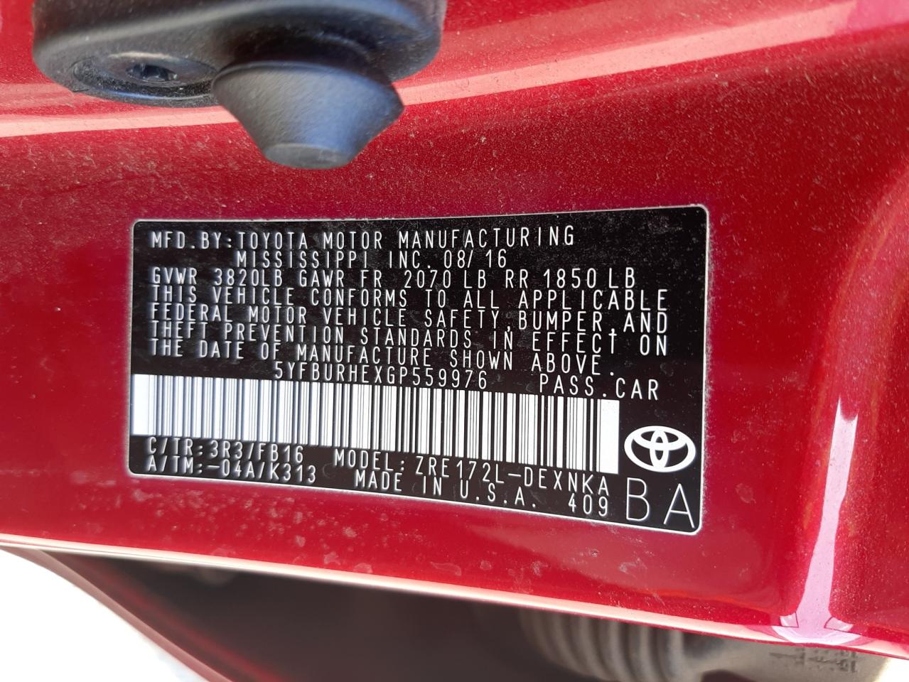 Photo 10 from auction – 2016 TOYOTA COROLLA L with VIN 5YFBURHEXGP559976