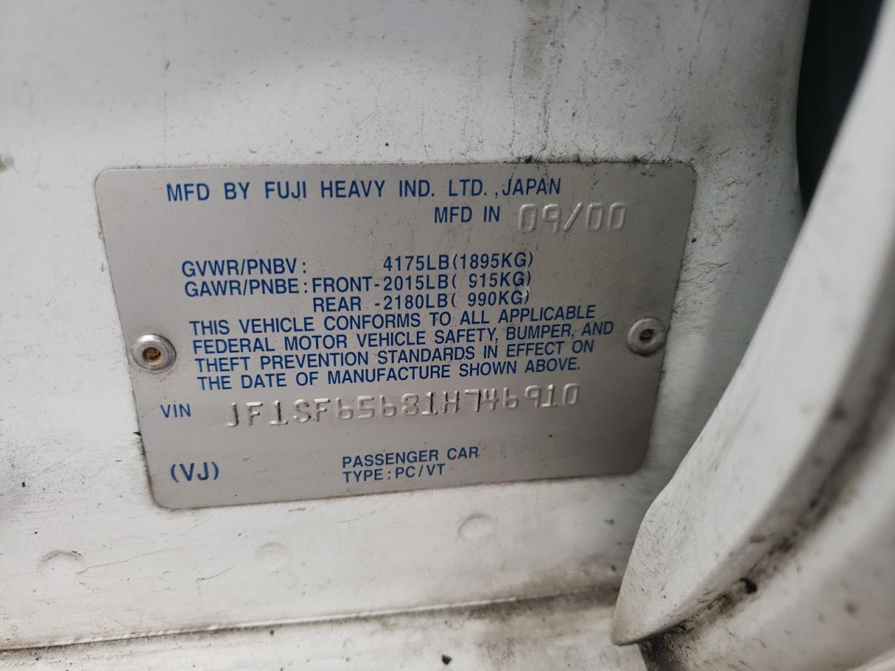 Photo 10 from auction – 2001 SUBARU FORESTER S with VIN JF1SF65681H746910