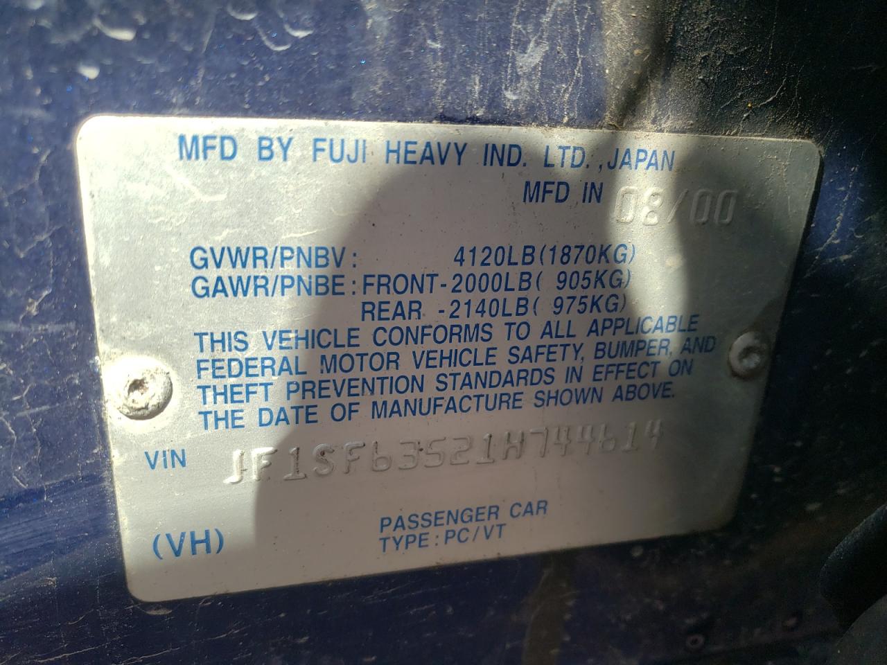 Zdjęcie 10 z aukcji – 2001 SUBARU FORESTER z VIN JF1SF63521H744614