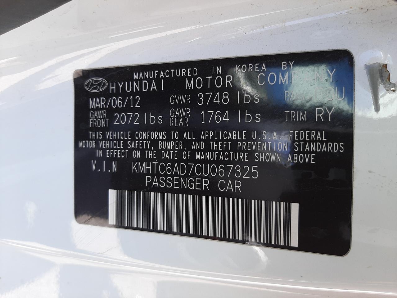 Photo 10 from auction – 2012 HYUNDAI VELOSTER with VIN KMHTC6AD7CU067325