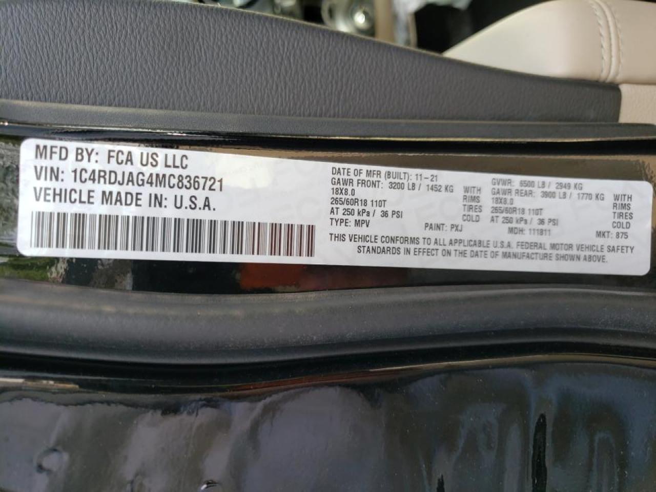 Photo 10 from auction – 2021 DODGE DURANGO SX with VIN 1C4RDJAG4MC836721