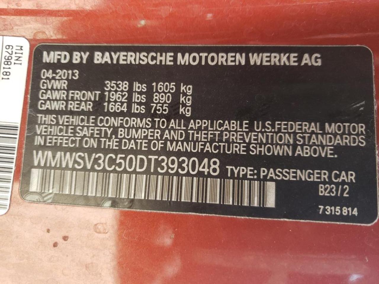 Photo 10 from auction – 2013 MINI COOPER S with VIN WMWSV3C50DT393048