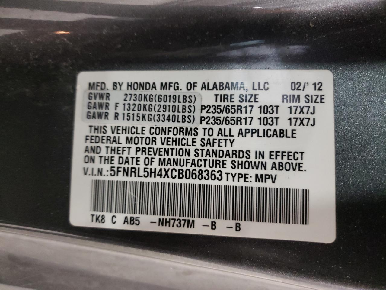 Photo 10 from auction – 2012 HONDA ODYSSEY EX with VIN 5FNRL5H4XCB068363