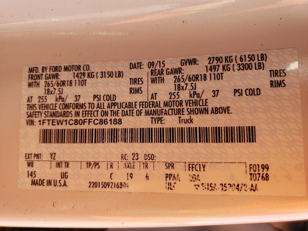 Zdjęcie 10 z aukcji – 2015 FORD F150 SUPER z VIN 1FTEW1C80FFC86188