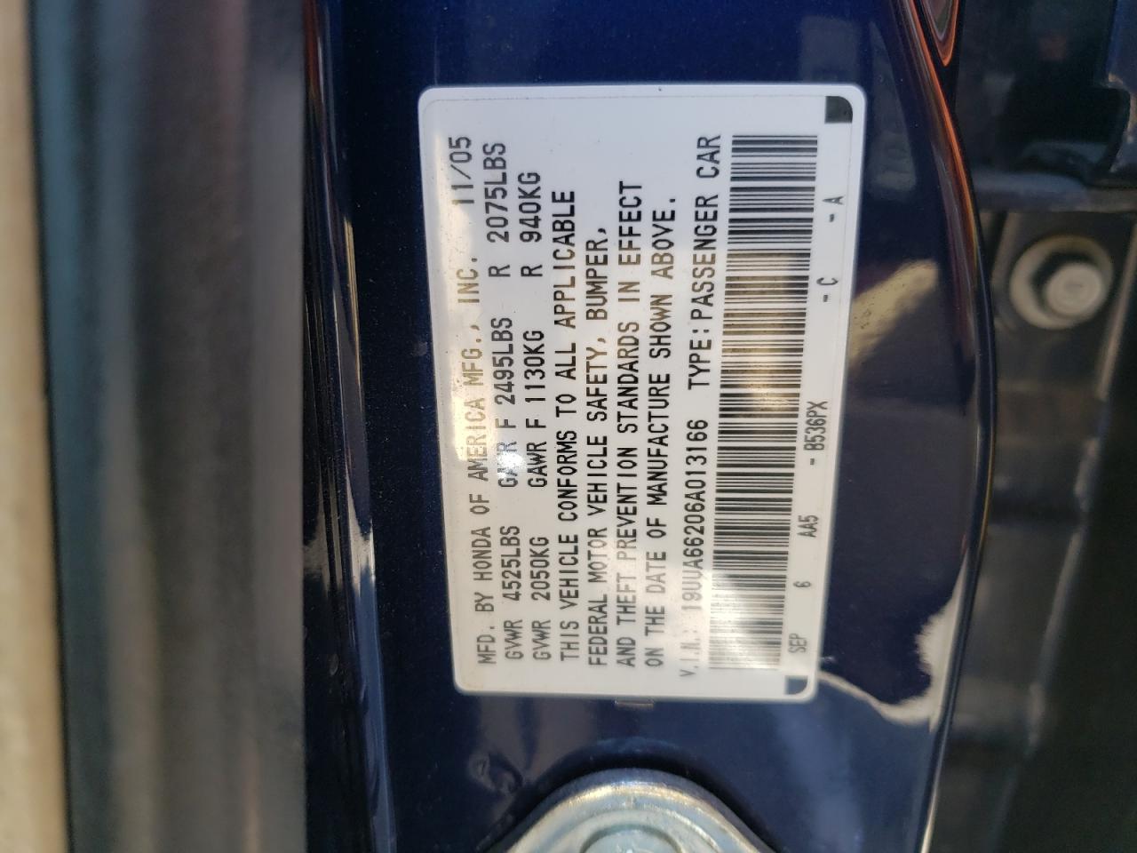 Photo 10 from auction – 2006 ACURA 3.2TL with VIN 19UUA66206A013166