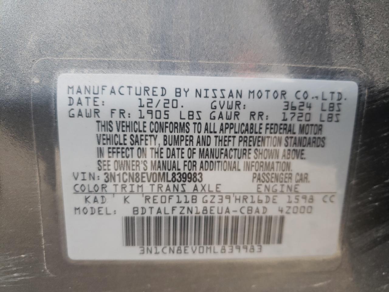 Photo 10 from auction – 2021 NISSAN VERSA SV with VIN 3N1CN8EV0ML839983