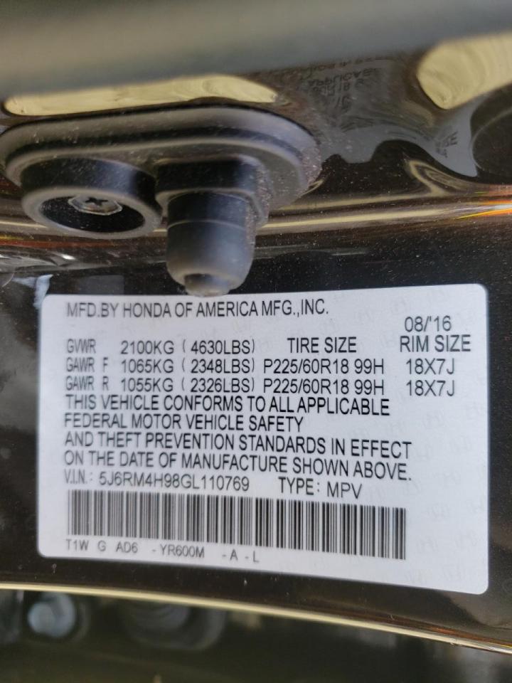 Photo 10 from auction – 2016 HONDA CR-V TOURI with VIN 5J6RM4H98GL110769