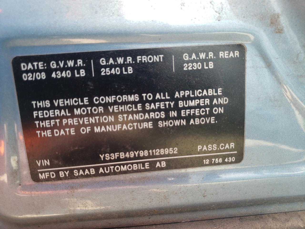Photo 10 from auction – 2008 SAAB 9-3 2.0T with VIN YS3FB49Y981128952