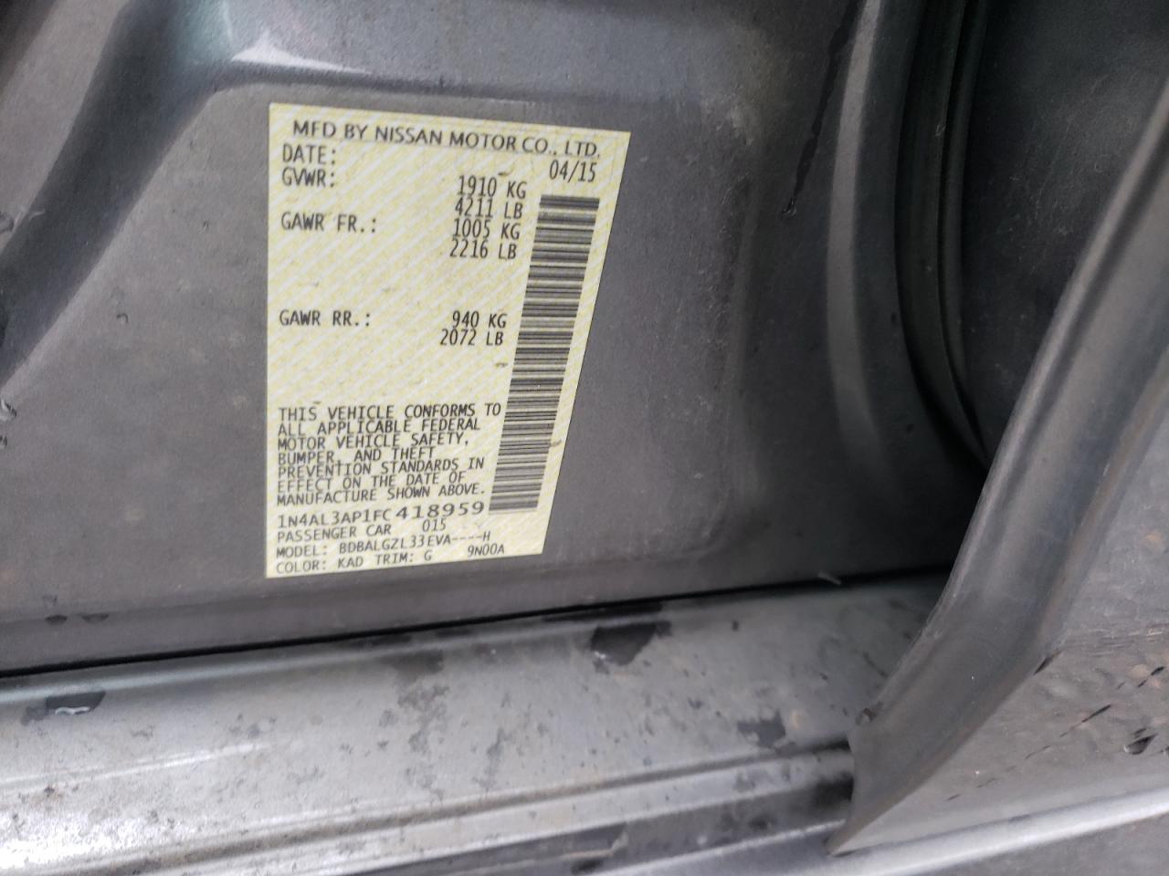 Photo 10 from auction – 2015 NISSAN ALTIMA 2.5 with VIN 1N4AL3AP1FC418959