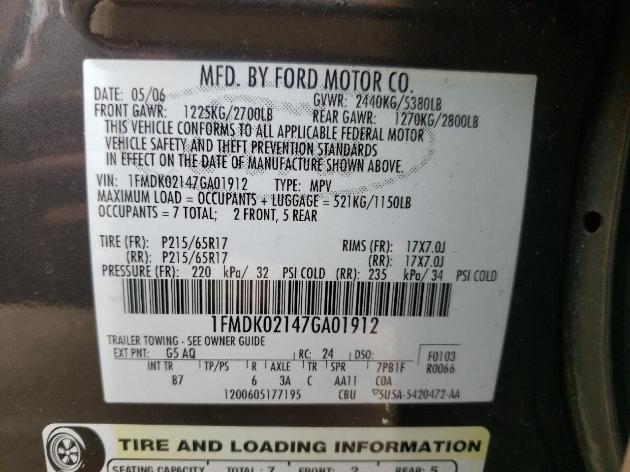 Photo 10 from auction – 2007 FORD FREESTYLE with VIN 1FMDK02147GA01912