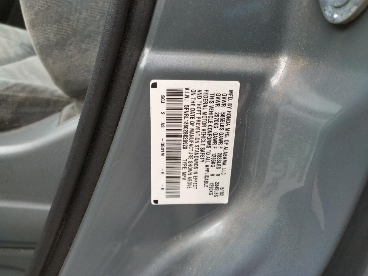 Photo 10 from auction – 2002 HONDA ODYSSEY EX with VIN 5FNRL18602B020928