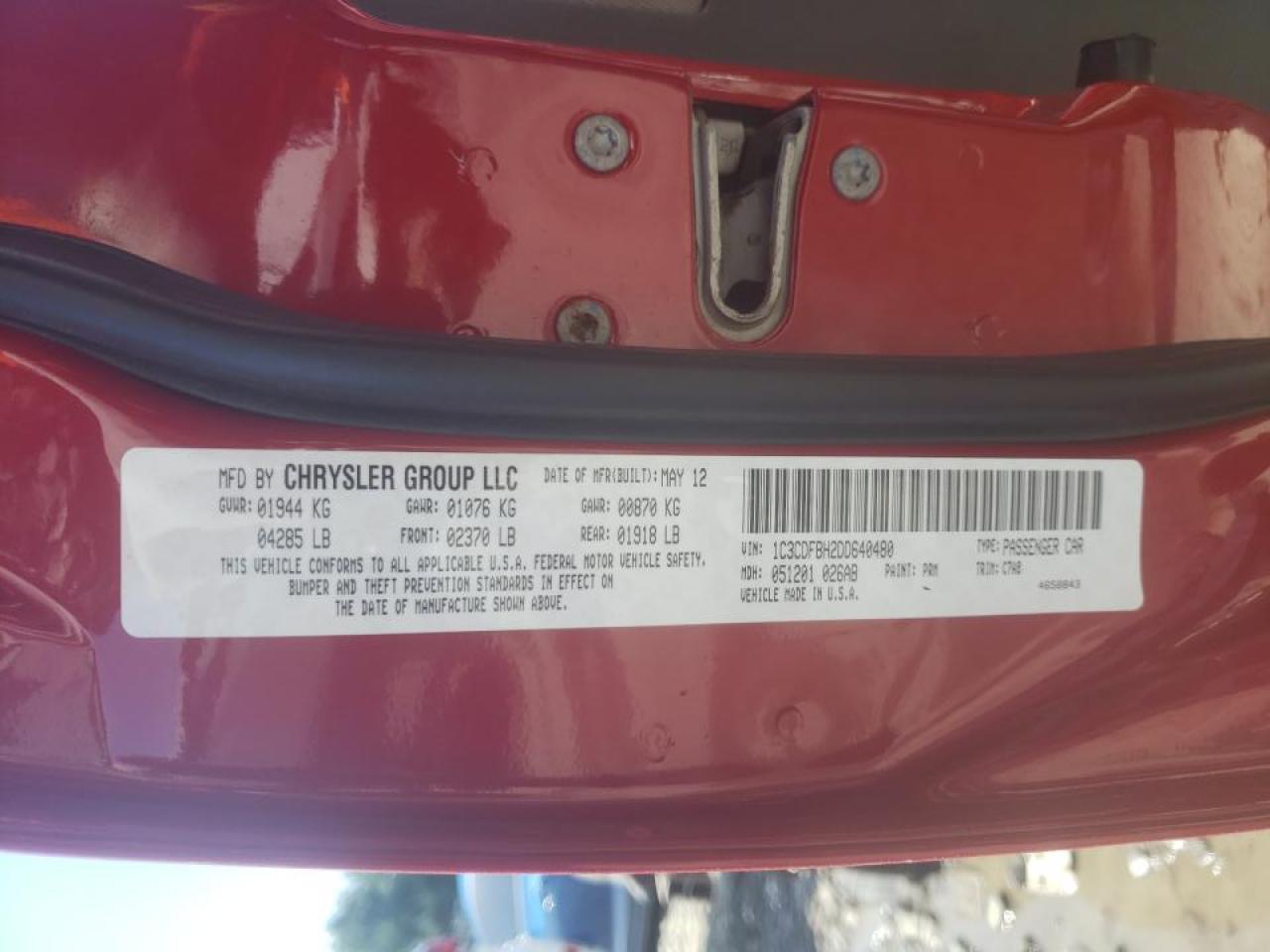 Photo 10 from auction – 2013 DODGE DART SXT with VIN 1C3CDFBH2DD640480