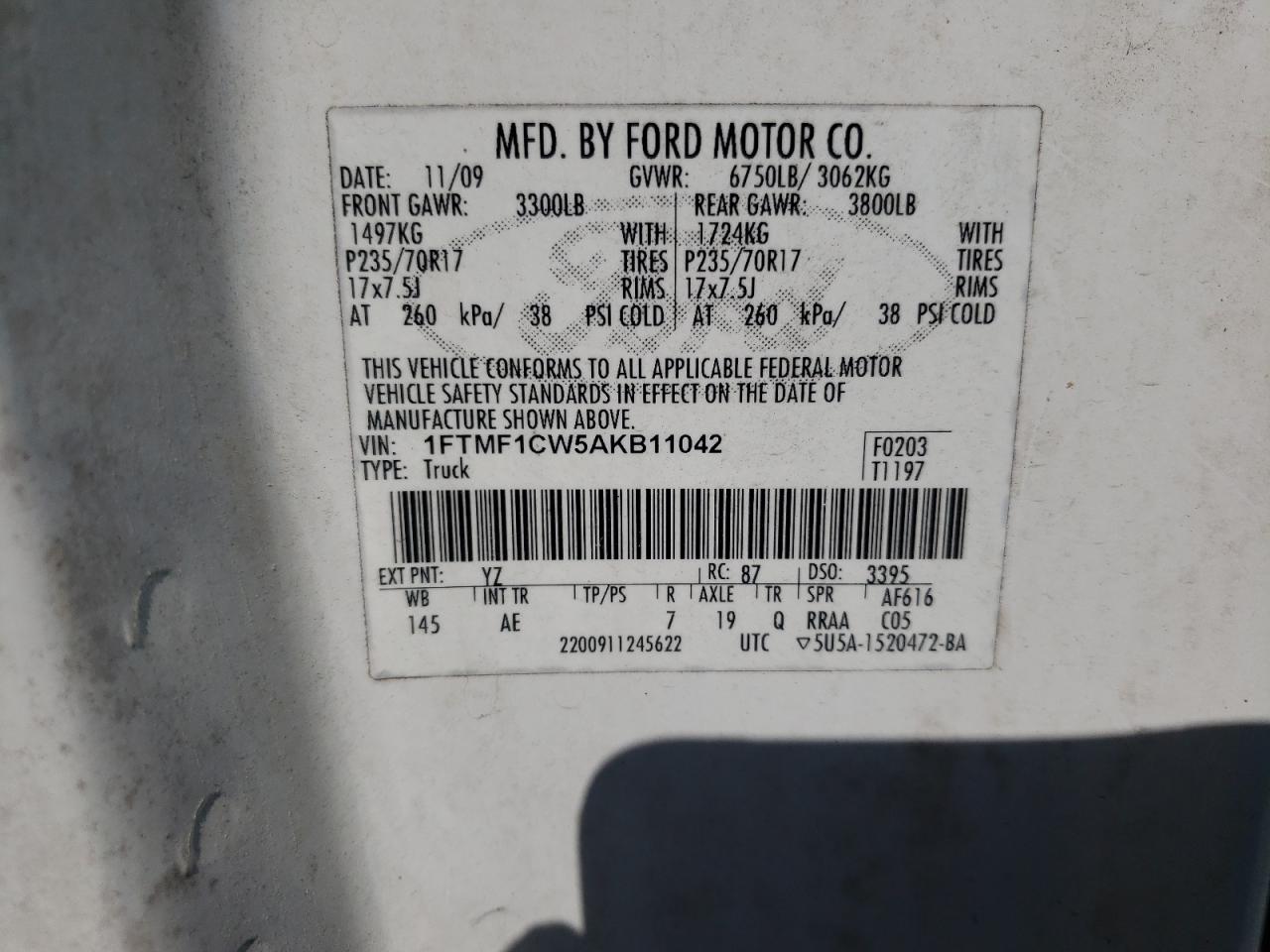 Photo 10 from auction – 2010 FORD F150 with VIN 1FTMF1CW5AKB11042