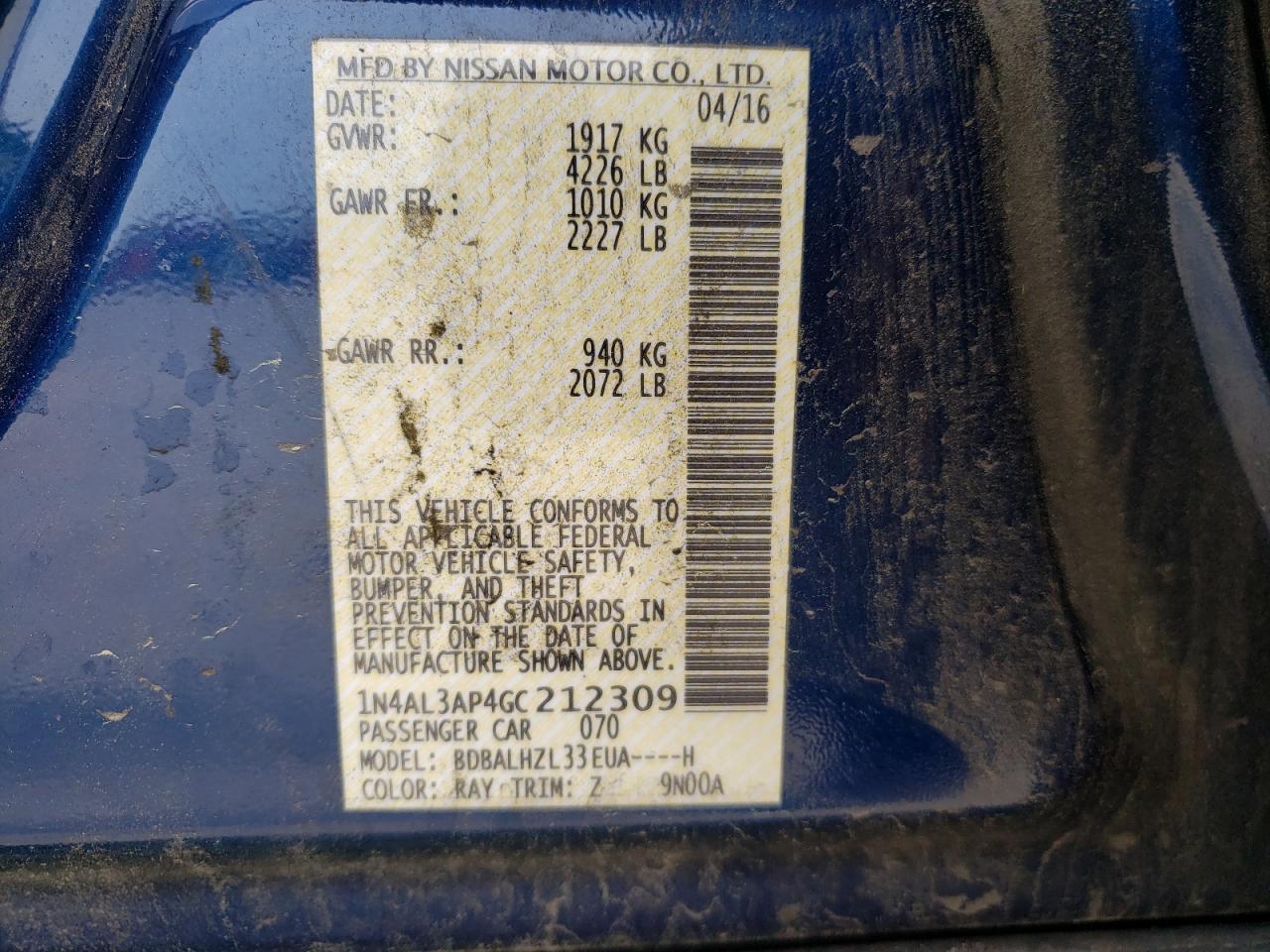 Photo 10 from auction – 2016 NISSAN ALTIMA 2.5 with VIN 1N4AL3AP4GC212309