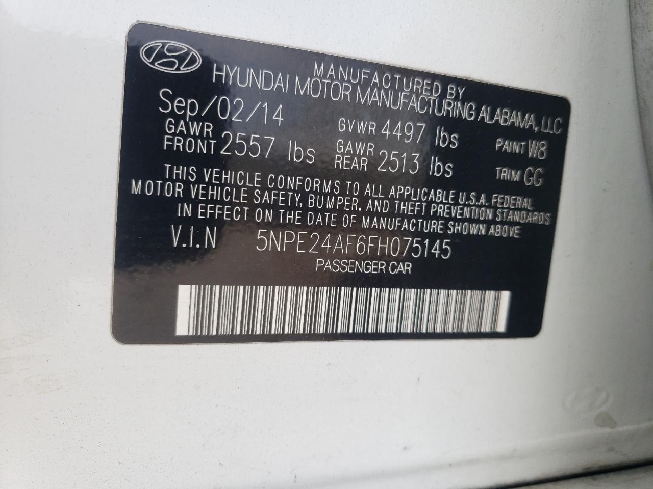 Photo 10 from auction – 2015 HYUNDAI SONATA SE with VIN 5NPE24AF6FH075145