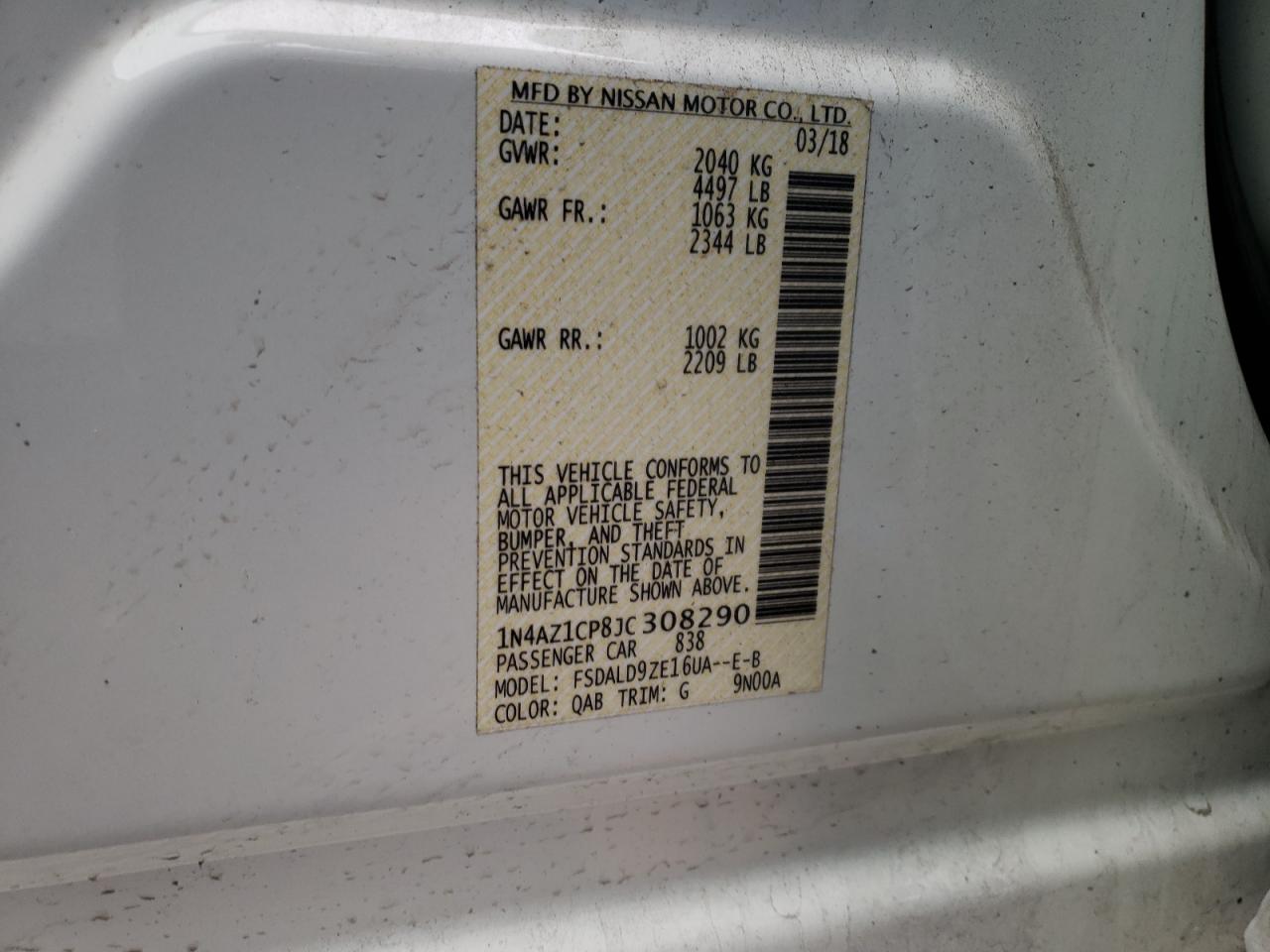 Photo 10 from auction – 2018 NISSAN LEAF S with VIN 1N4AZ1CP8JC308290