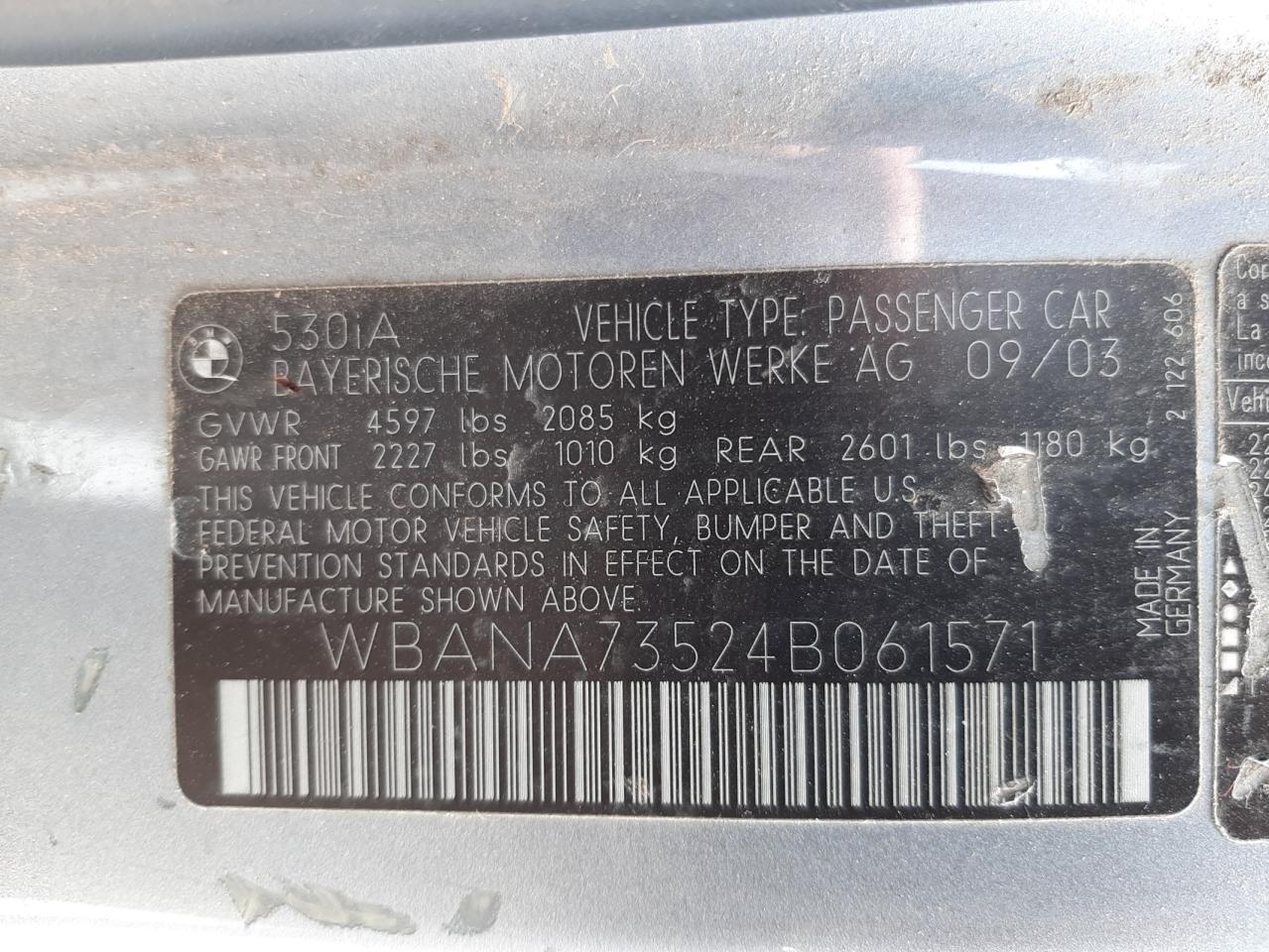 Photo 10 from auction – 2004 BMW 530 I with VIN WBANA73524B061571