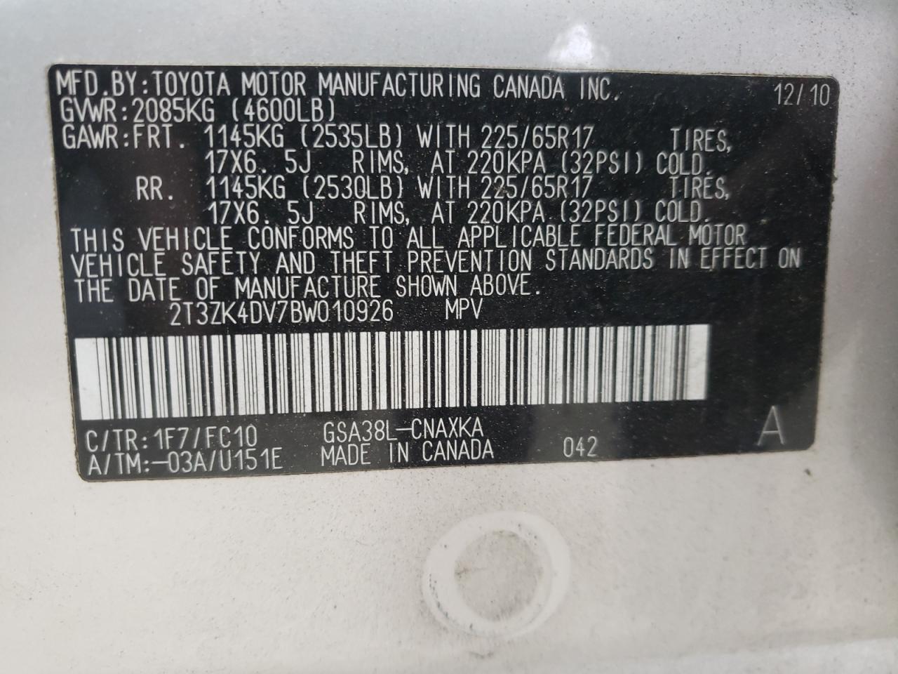 Photo 10 from auction – 2011 TOYOTA RAV4 with VIN 2T3ZK4DV7BW010926