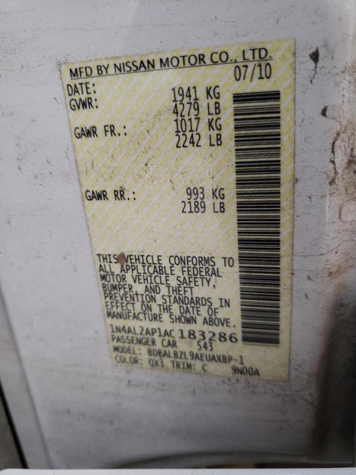 Photo 10 from auction – 2010 NISSAN ALTIMA BAS with VIN 1N4AL2AP1AC183286