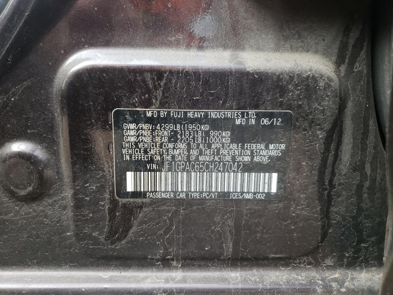 Photo 10 from auction – 2012 SUBARU IMPREZA PR with VIN JF1GPAC65CH247042