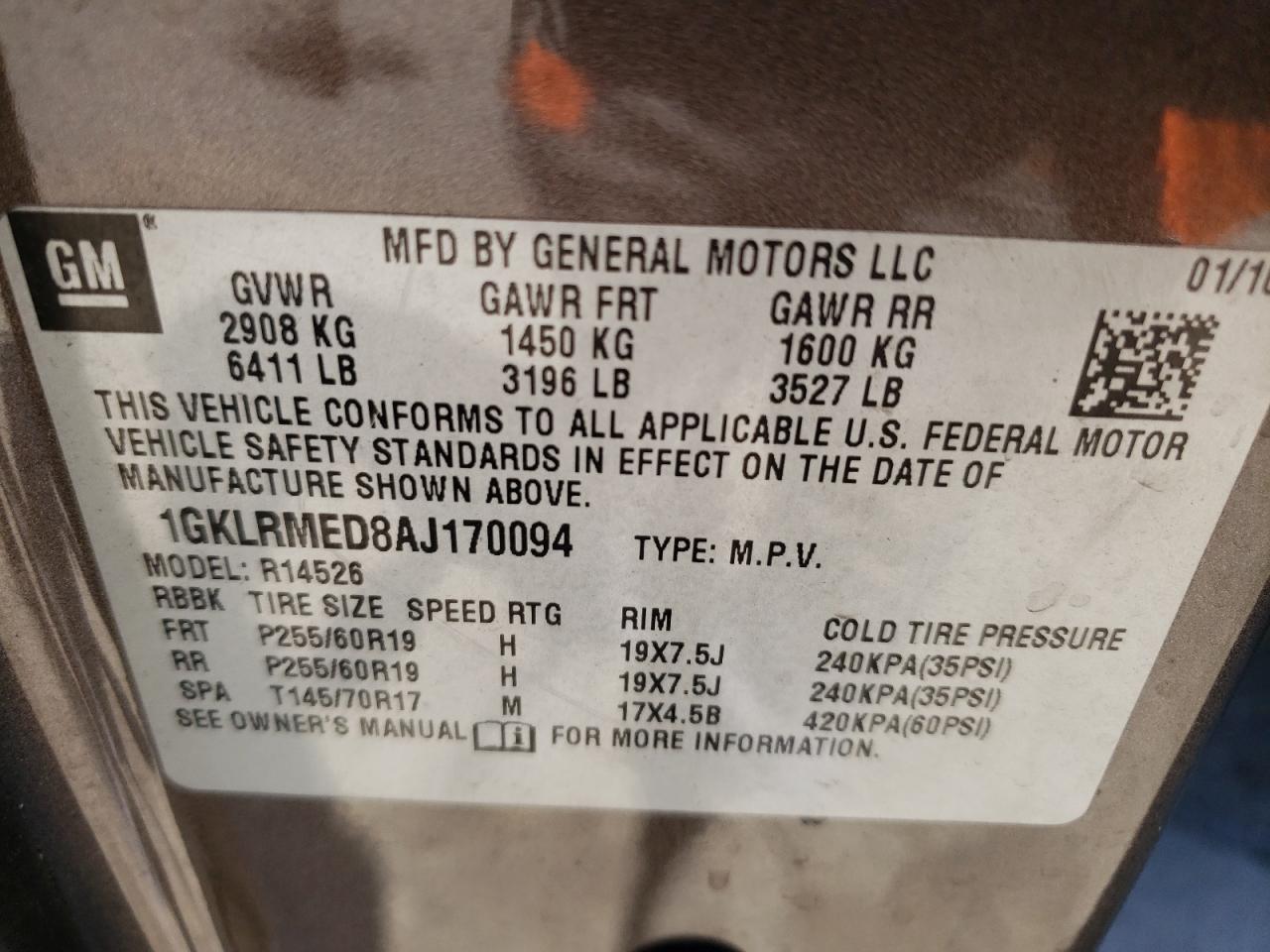 Photo 10 from auction – 2010 GMC ACADIA SLT with VIN 1GKLRMED8AJ170094
