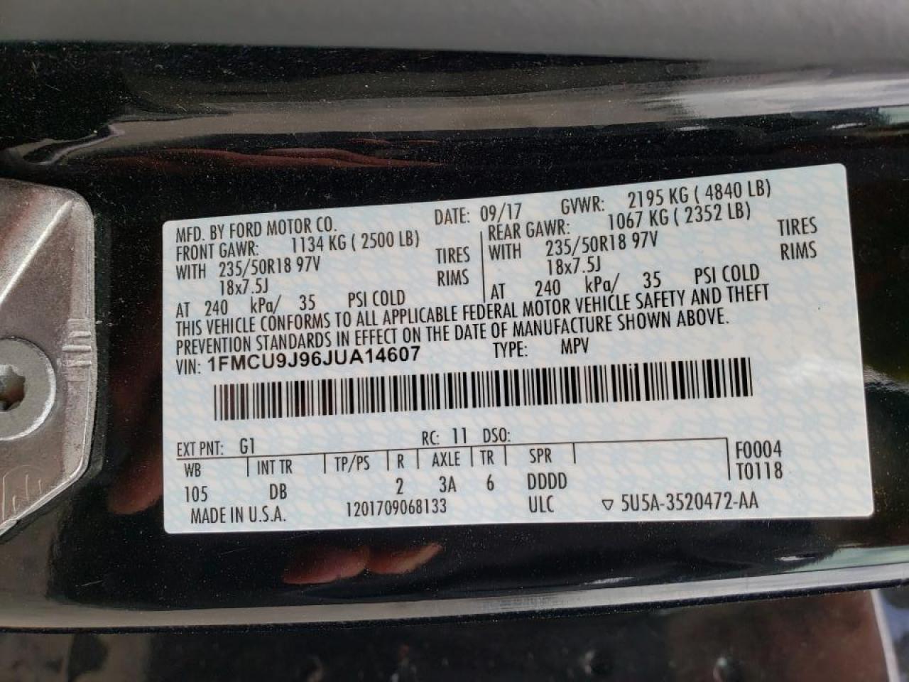 Photo 10 from auction – 2018 FORD ESCAPE TIT with VIN 1FMCU9J96JUA14607