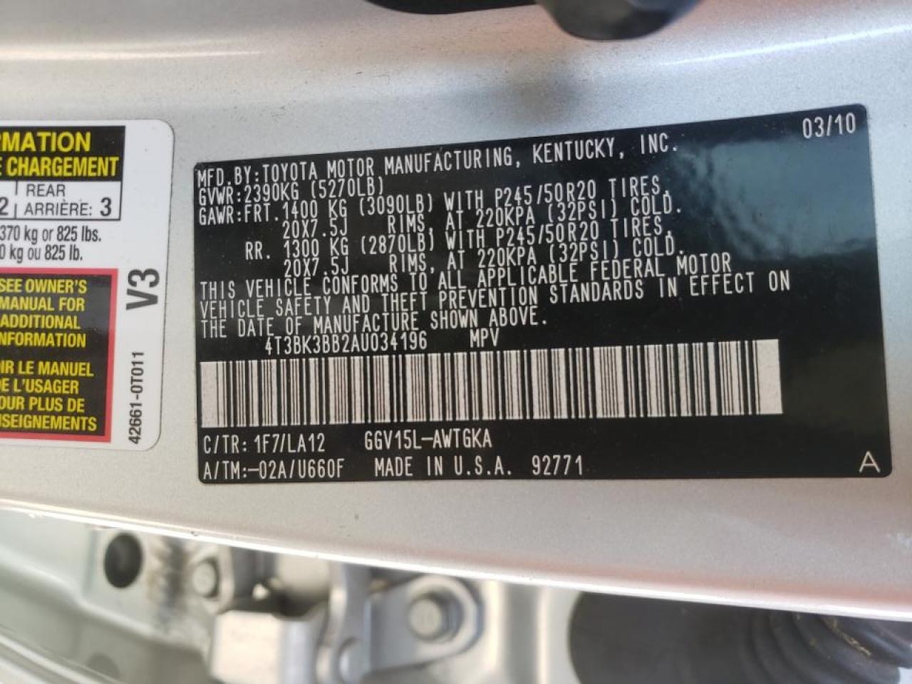 Photo 10 from auction – 2010 TOYOTA VENZA with VIN 4T3BK3BB2AU034196