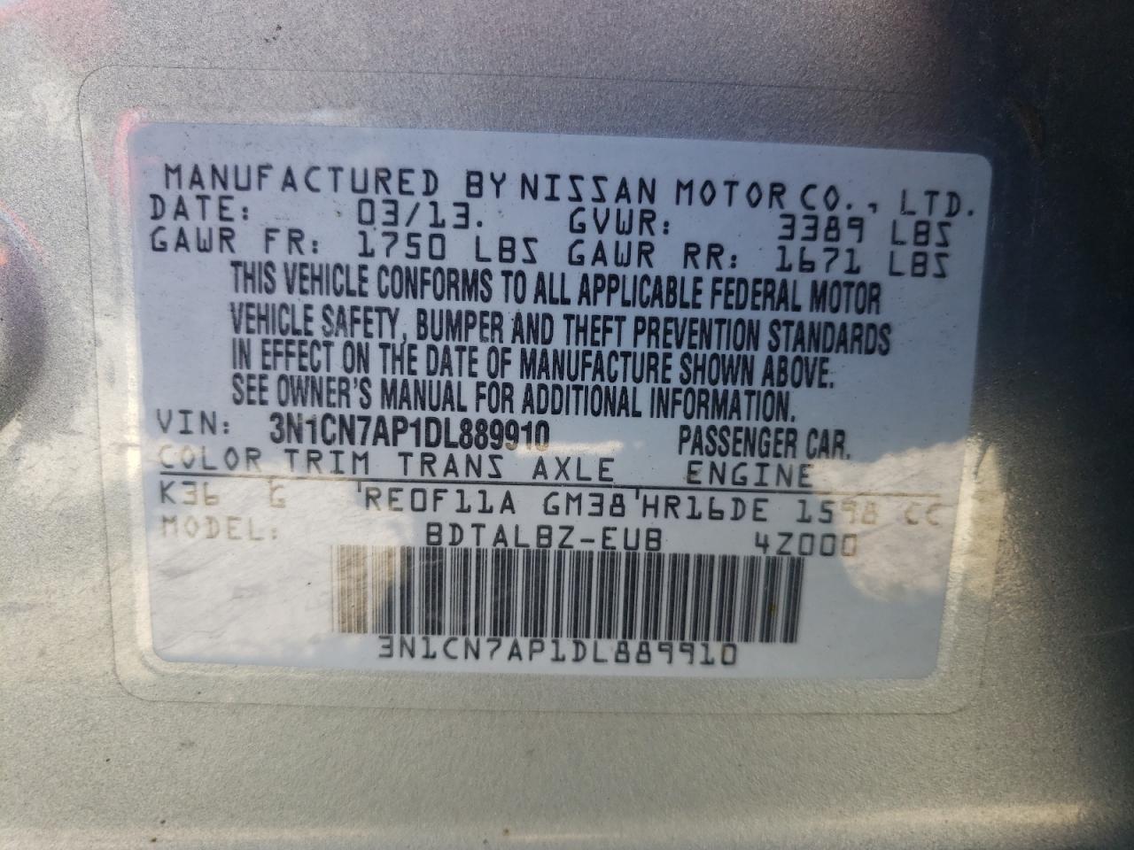 Photo 10 from auction – 2013 NISSAN VERSA S with VIN 3N1CN7AP1DL889910