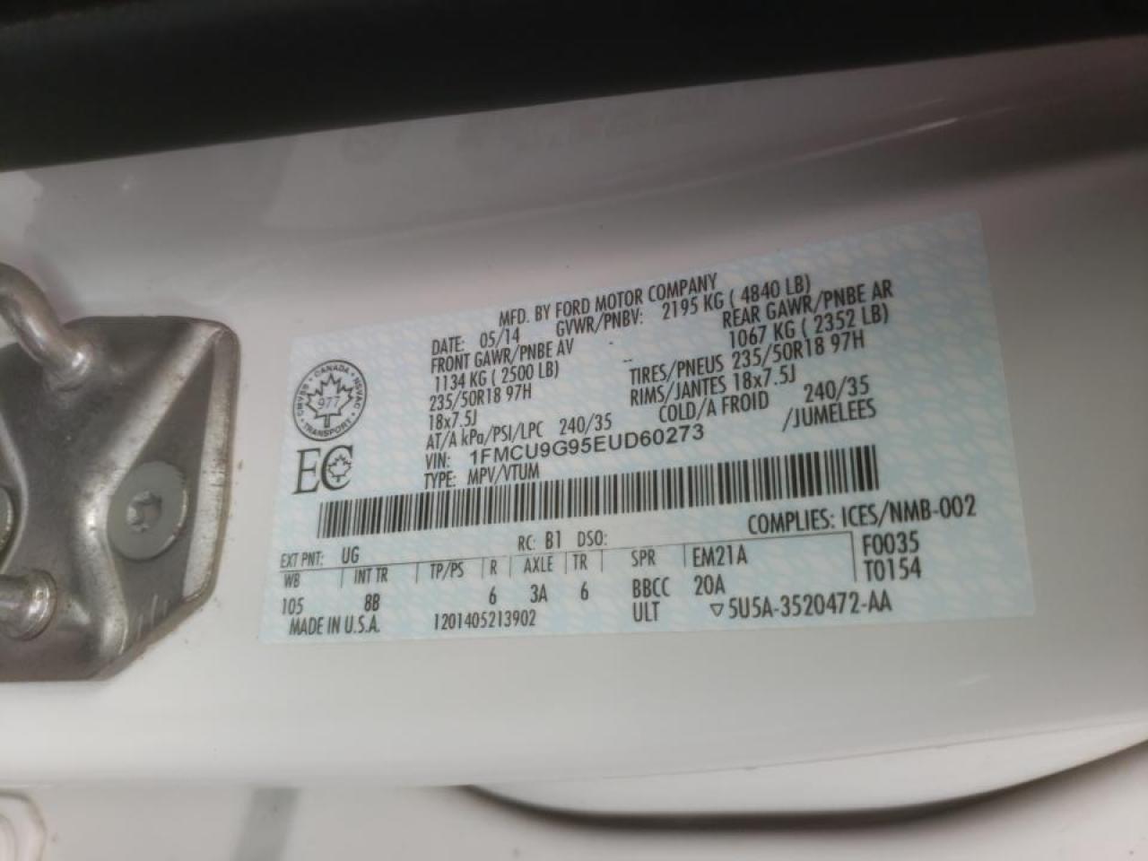 Photo 10 from auction – 2014 FORD ESCAPE SE with VIN 1FMCU9G95EUD60273