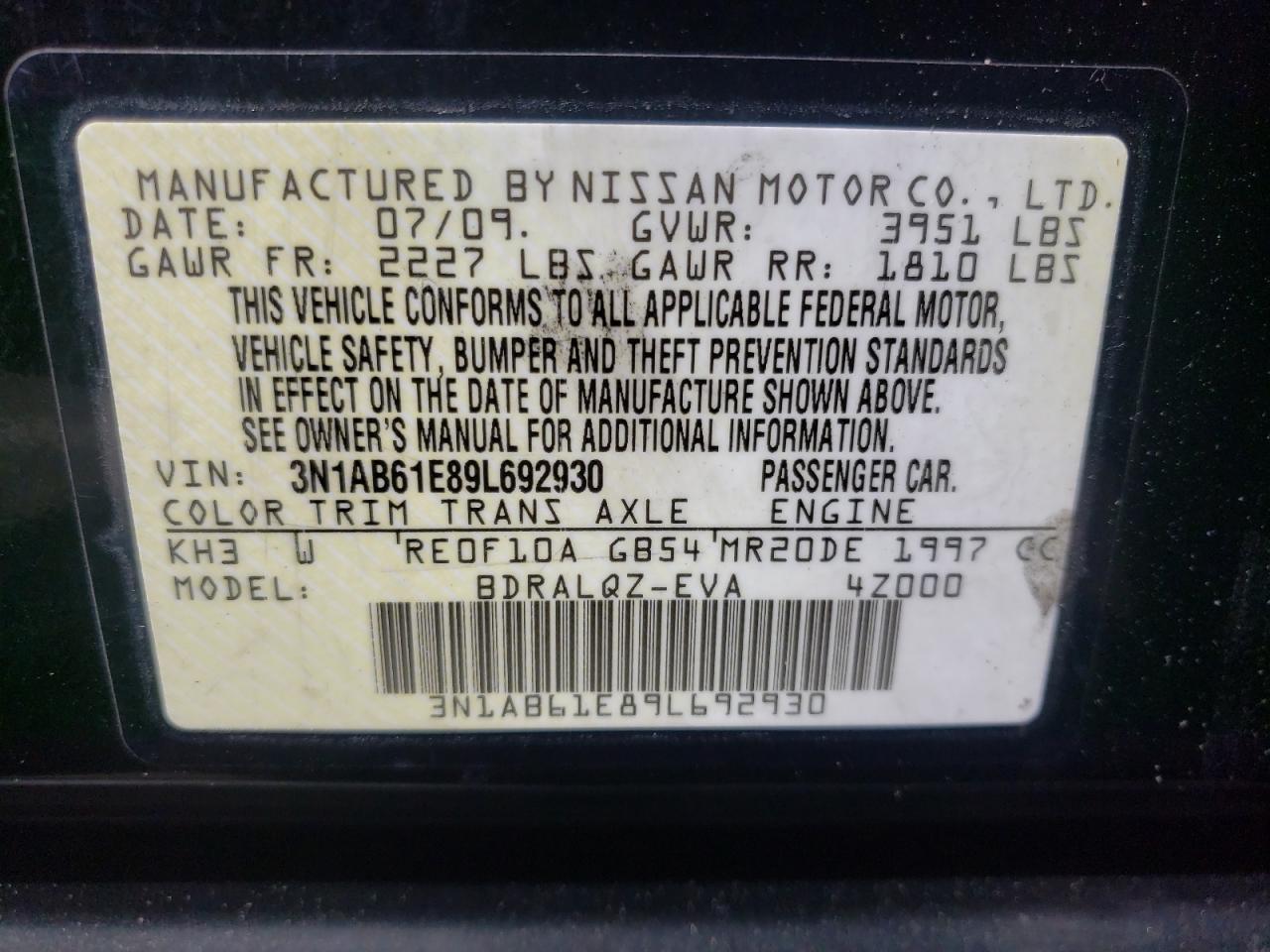 Photo 10 from auction – 2009 NISSAN SENTRA 2.0 with VIN 3N1AB61E89L692930
