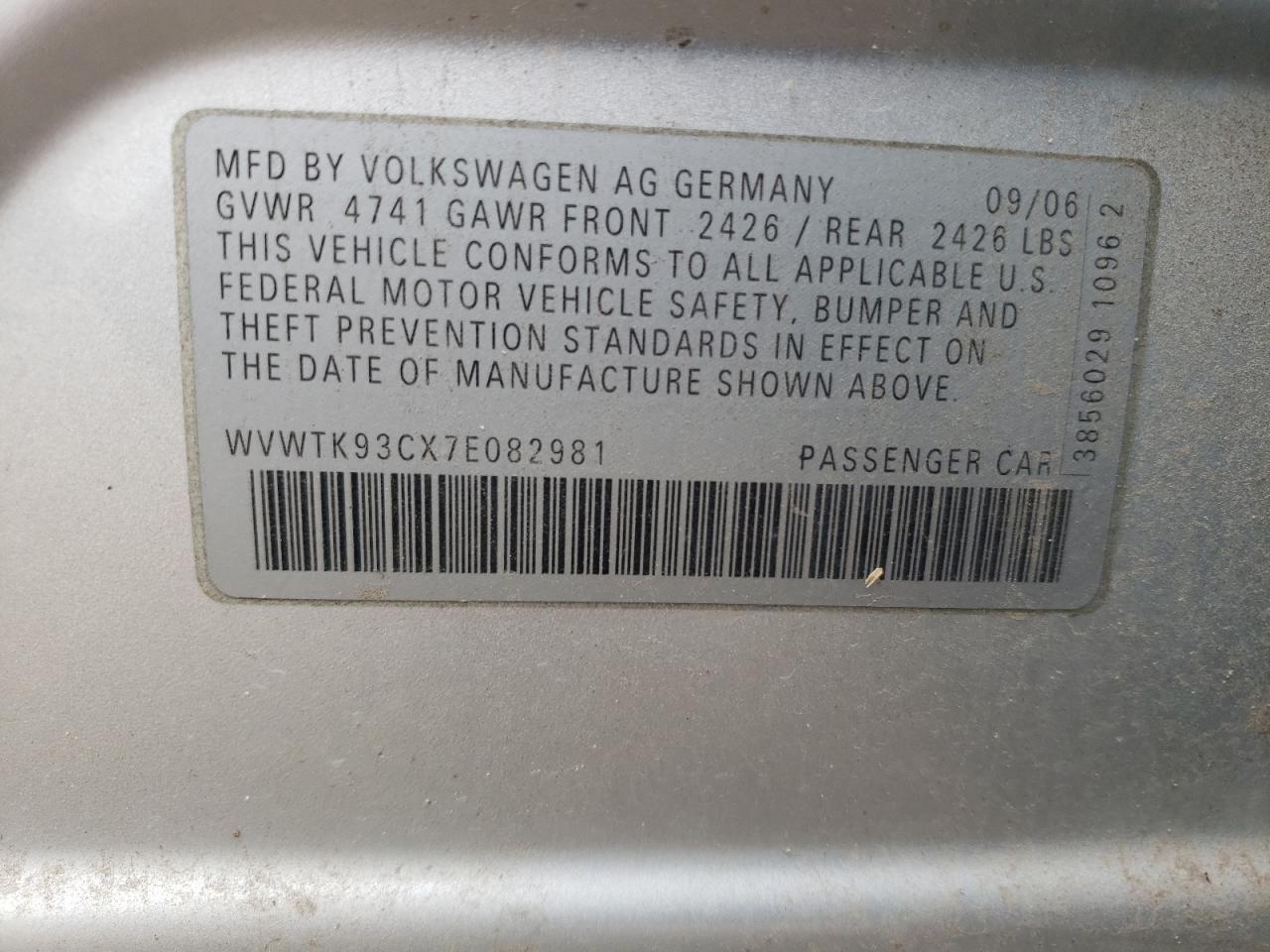 Photo 10 from auction – 2007 VOLKSWAGEN PASSAT with VIN WVWTK93CX7E082981