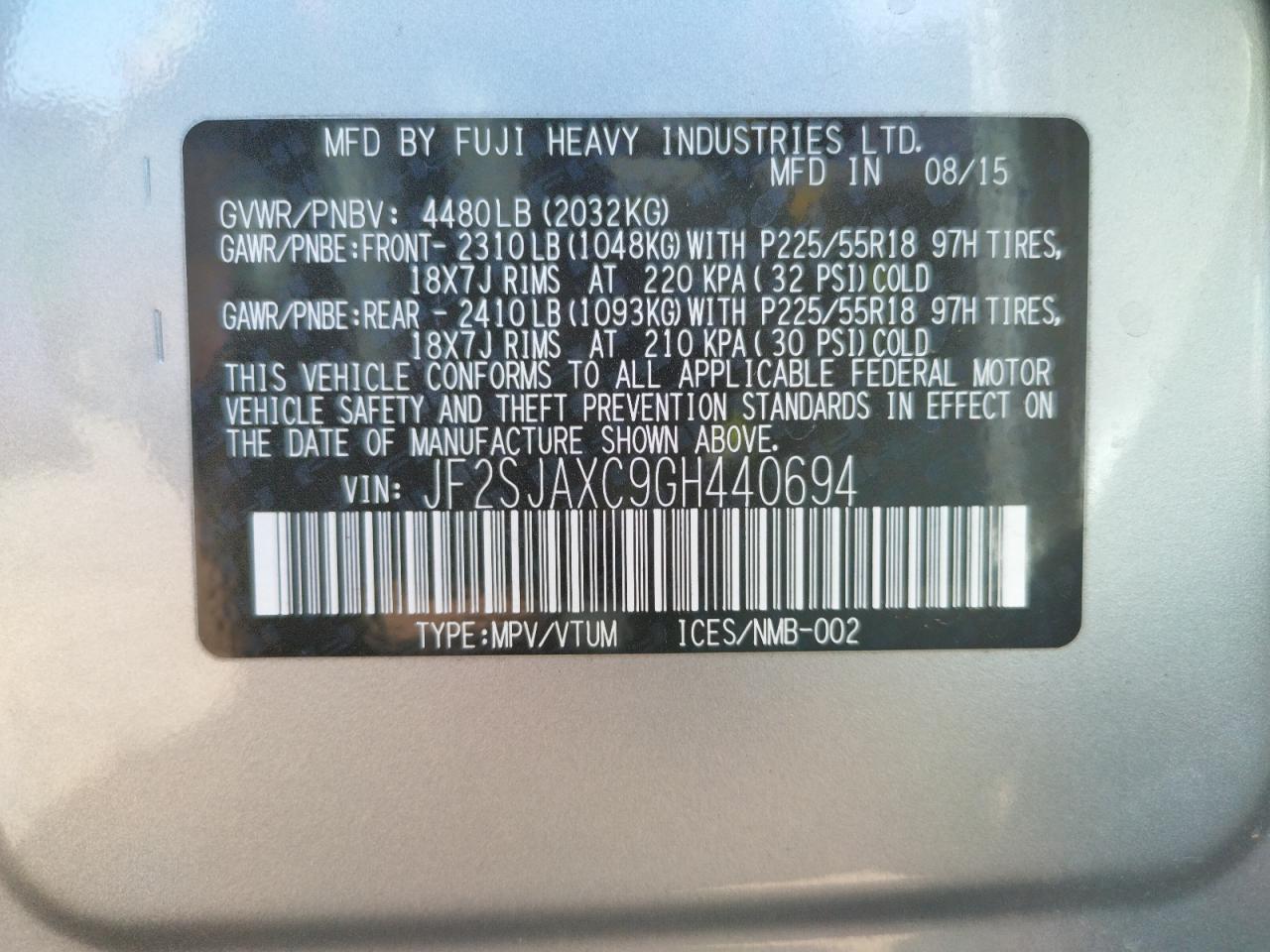 Photo 10 from auction – 2016 SUBARU FORESTER 2 with VIN JF2SJAXC9GH440694