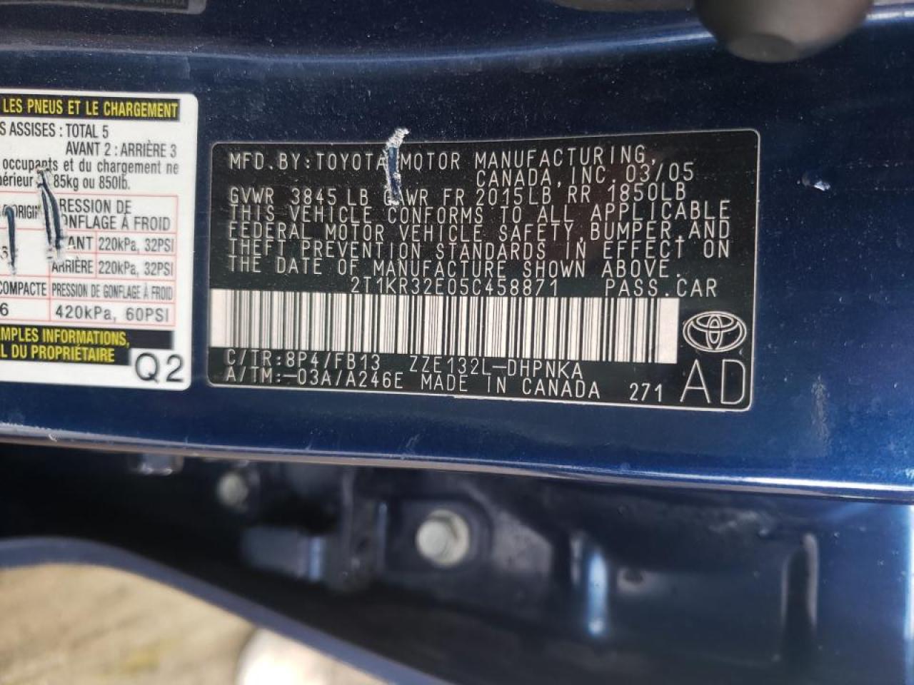 Photo 10 from auction – 2005 TOYOTA COROLLA MA with VIN 2T1KR32E05C458871