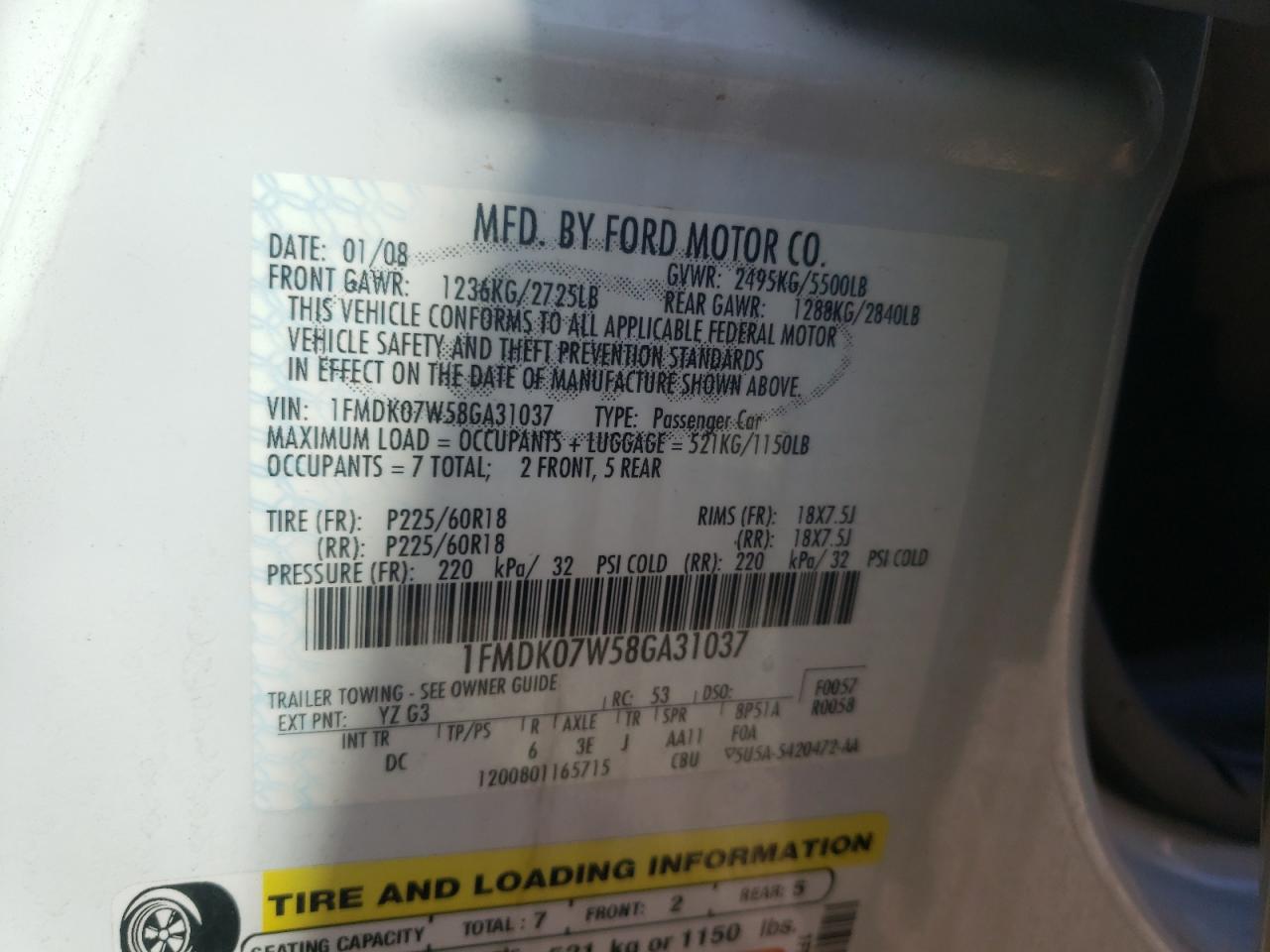 Photo 10 from auction – 2008 FORD TAURUS X E with VIN 1FMDK07W58GA31037