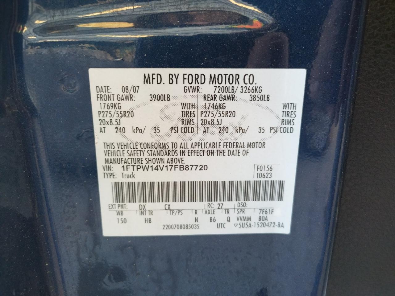 Photo 10 from auction – 2007 FORD F150 SUPER with VIN 1FTPW14V17FB87720