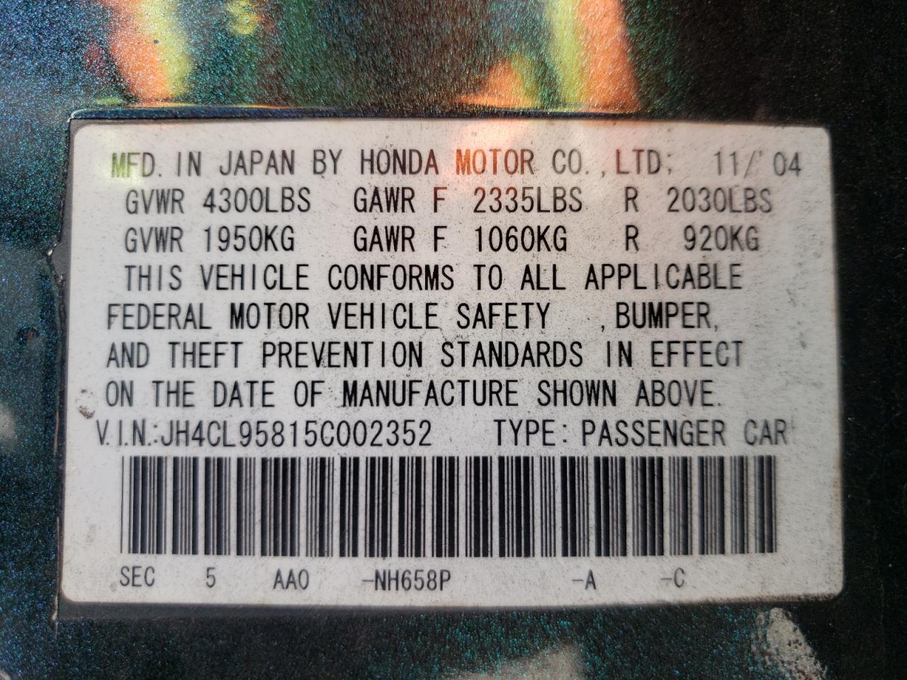 Photo 10 from auction – 2005 ACURA TSX with VIN JH4CL95815C002352
