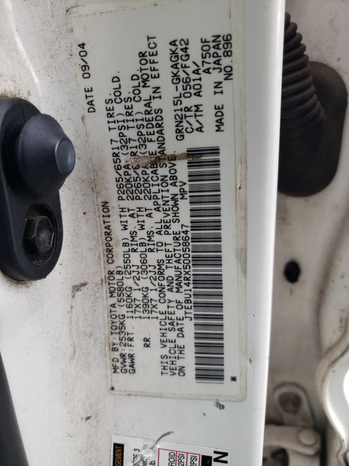 Photo 10 from auction – 2005 TOYOTA 4RUNNER SR with VIN JTEBU14RX50058647