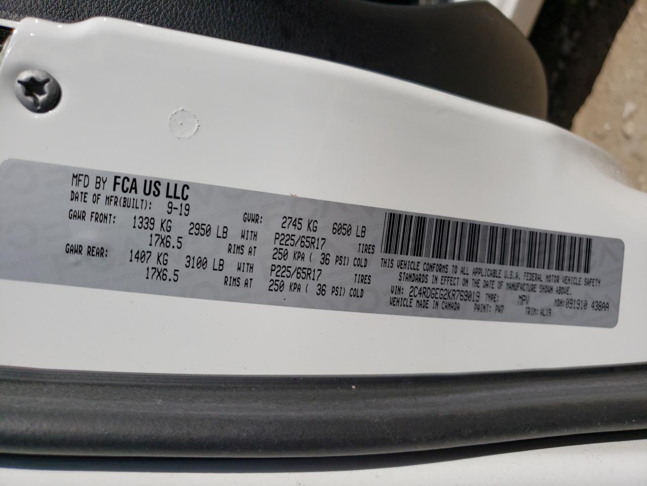 صورة رقم 10 من المزاد - 2019 DODGE GRAND CARA مع VIN 2C4RDGEG2KR769019