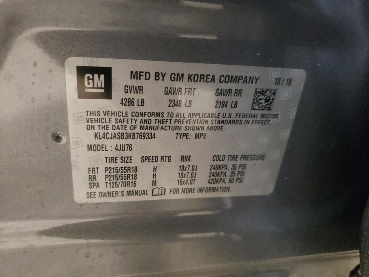 Photo 10 from auction – 2019 BUICK ENCORE PRE with VIN KL4CJASB3KB769334