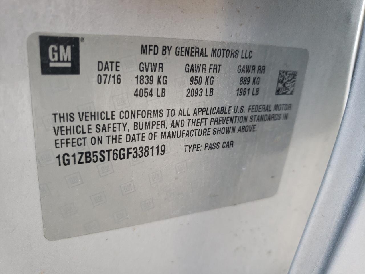 Photo 10 from auction – 2016 CHEVROLET MALIBU LS with VIN 1G1ZB5ST6GF338119