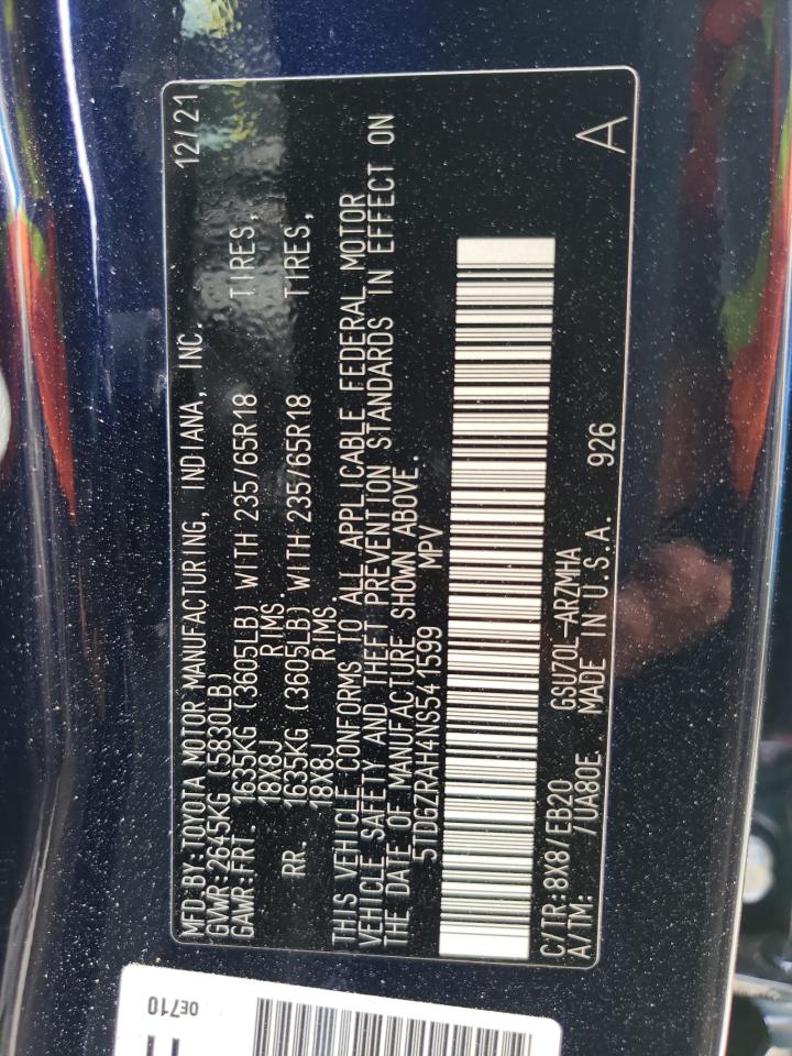 Photo 10 from auction – 2022 TOYOTA HIGHLANDER with VIN 5TDGZRAH4NS541599