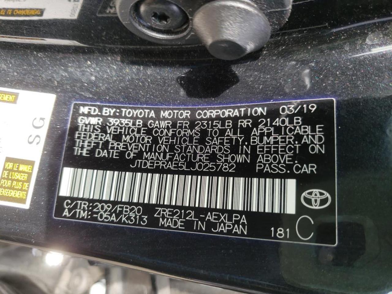 Photo 10 from auction – 2020 TOYOTA COROLLA LE with VIN JTDEPRAE5LJ025782