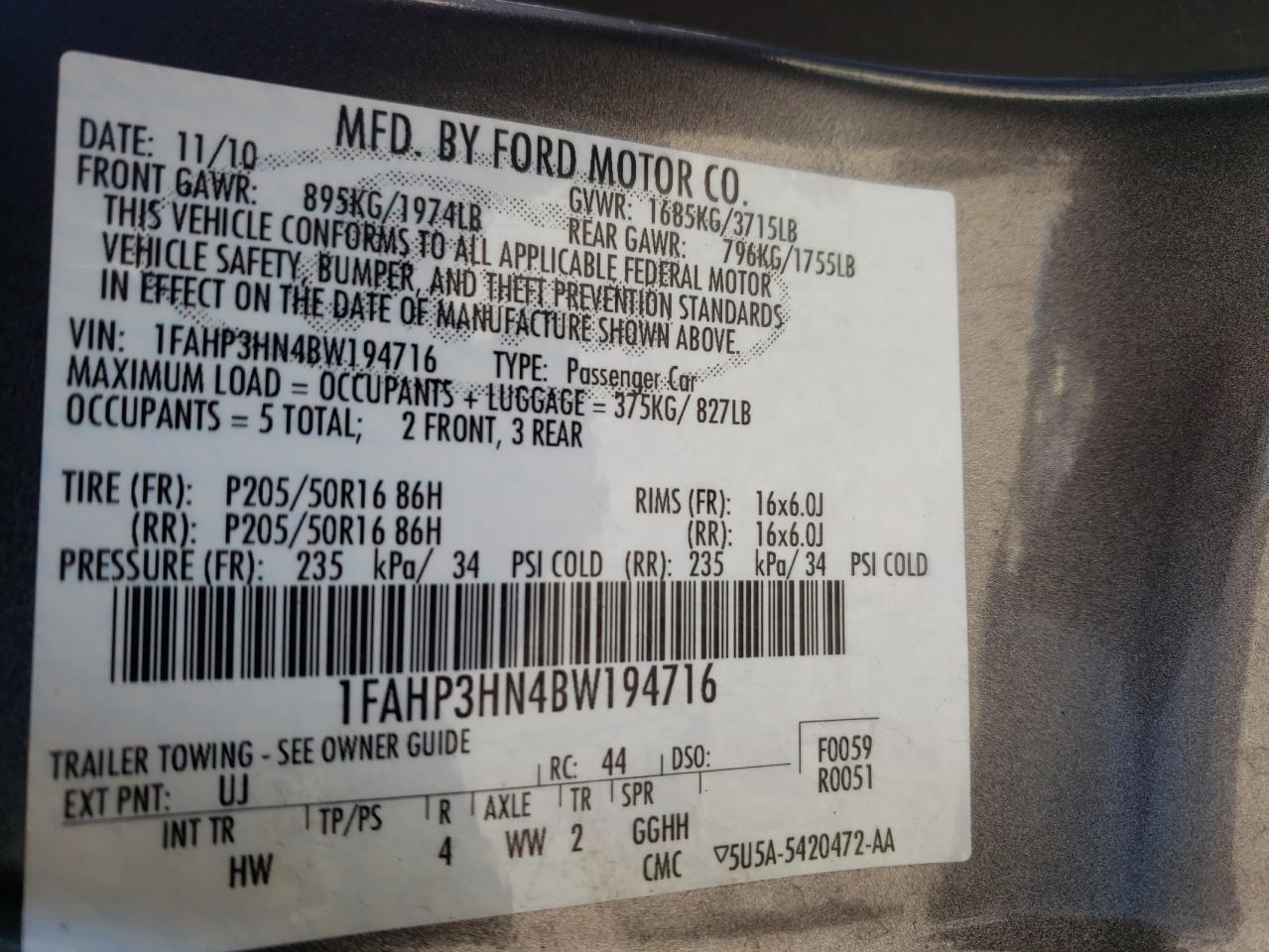 صورة رقم 10 من المزاد - 2011 FORD FOCUS SEL مع VIN 1FAHP3HN4BW194716